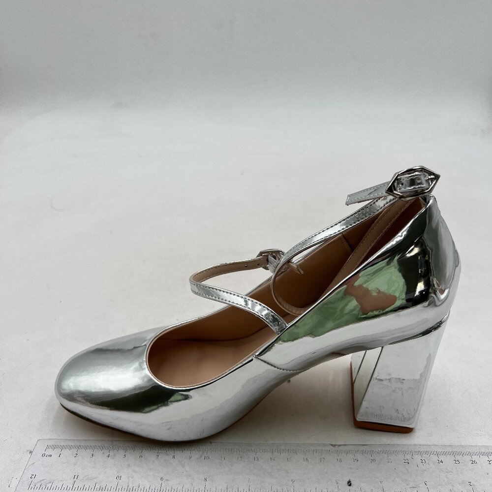 FSJ Silver Classic Closed Toe Block High Heels Comfort Dress Pumps Office Ladies